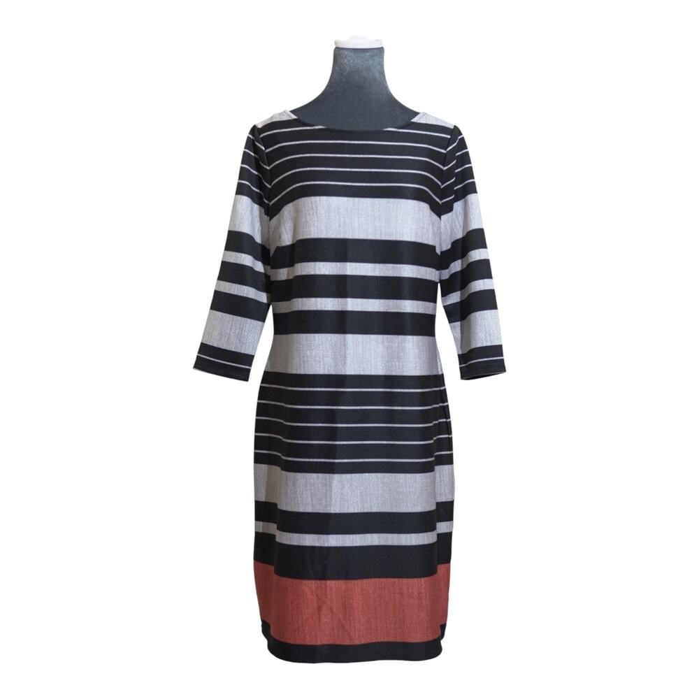 Nine West Women’s Striped Sheath Dress Black Gray Rust Colorblock 3/4 Sleeve M